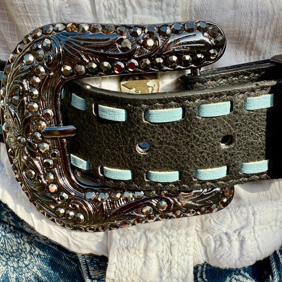 Black & Blue Leather Western Belt w/ Black Crystals - Picture 8 of 9